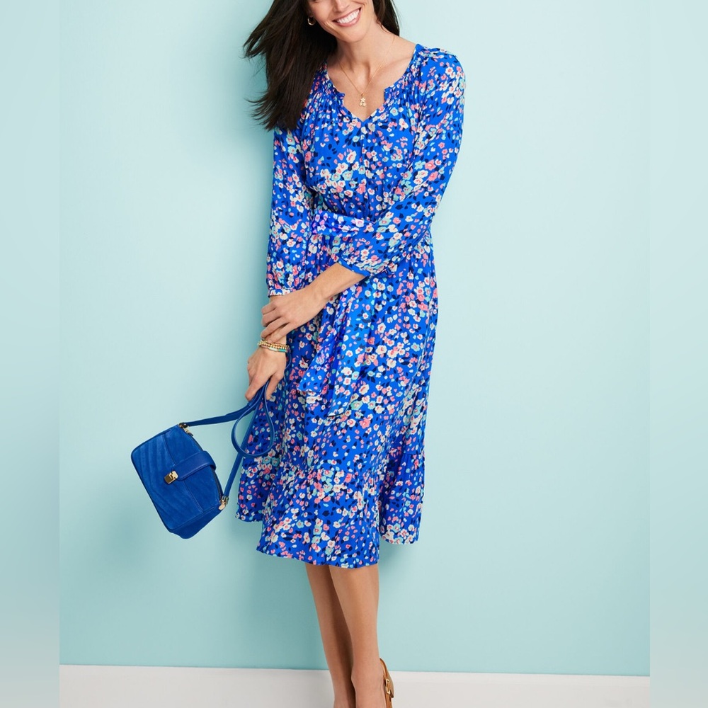 Talbots Fit and Flare Blue Floral 3/4 Sleeve Dress